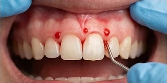 Upper front gums bleeding at three points as a dental probe is used
