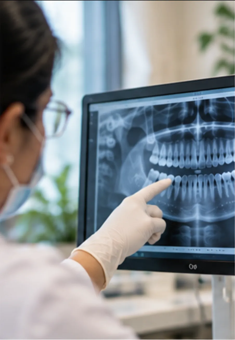 Dentist pointing to a full-mouth X-ray (OPG) on a monitor